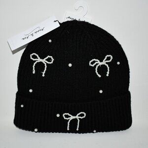 Anna & Ava Cable Knit Beanie in Black With Beaded Bows #DHN1189BLK NWT  Details: